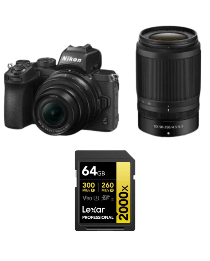 NIKON Z50 + 16-50mm + 55-250mm CON LEXAR SD GOLD 64GB