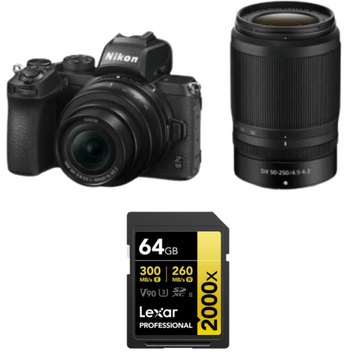 NIKON Z50 + 16-50mm + 55-250mm CON LEXAR SD GOLD 64GB NIKON Z50 + 16-50mm + 55-250mm CON LEXAR SD GOLD 64GB