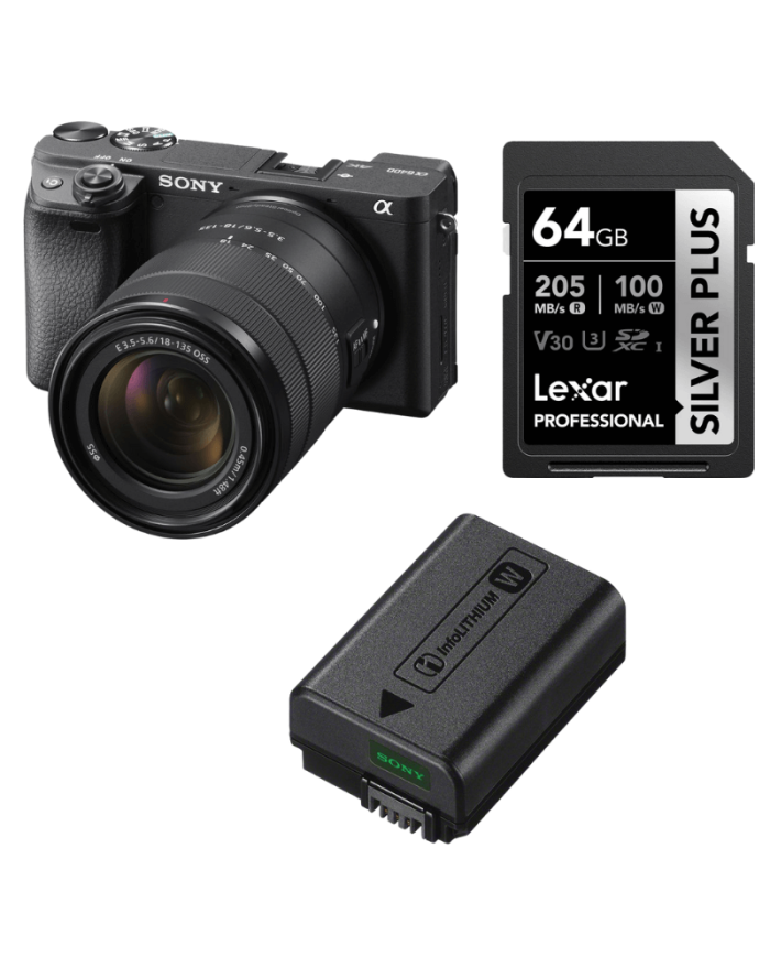SONY 6400 + 18-135MM F/3.5-5.6 + SONY NP-FW50 BATERÍA + LEXAR SD 64GB SILVER