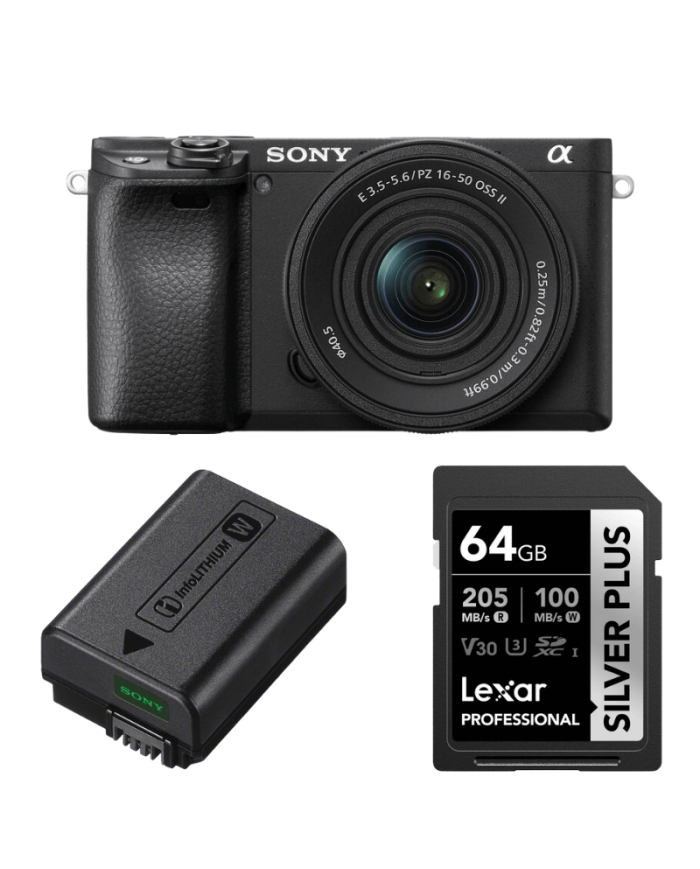 SONY 6400 + 16-50MM F/3.5-5.6 + SONY NP-FW50 BATERÍA + LEXAR SD 64GB SILVER
