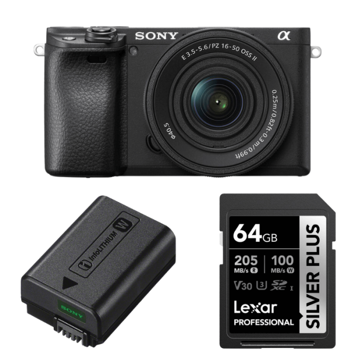SONY 6400 + 16-50MM F/3.5-5.6 + SONY NP-FW50 BATERÍA + LEXAR SD 64GB SILVER