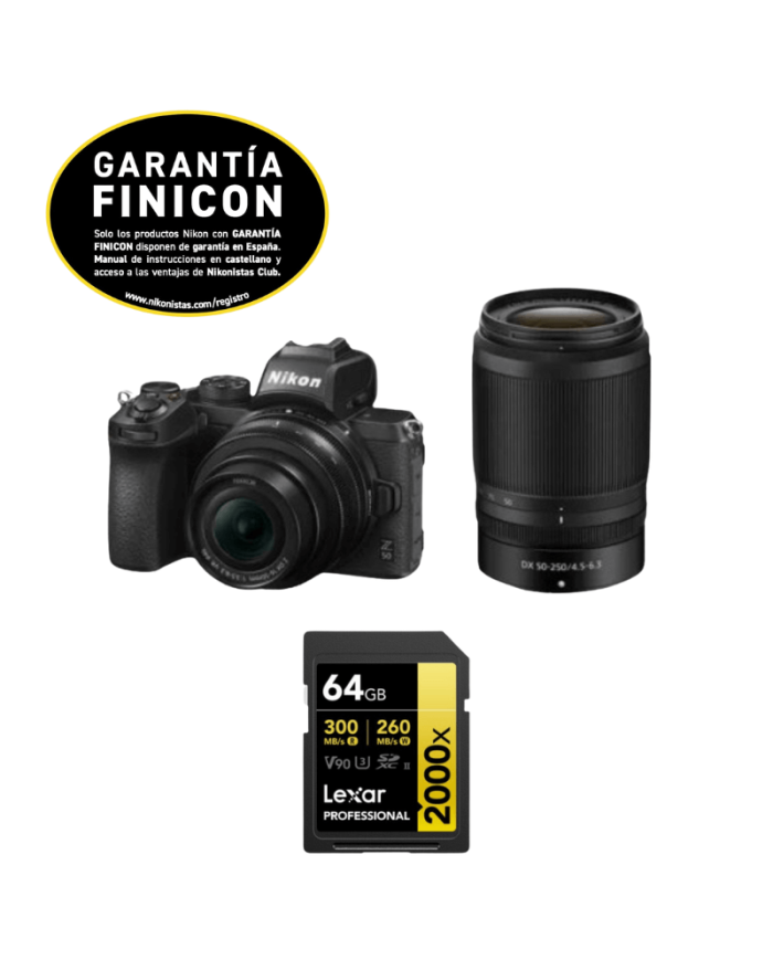 NIKON Z50 II + 16-50mm + 50-250mm CON LEXAR SD GOLD 64GB