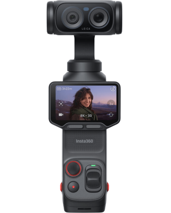 Insta360 Luna Ultra Negro Cósmico vista frontal, cámara gimbal 8K con doble lente Leica Summicron y pantalla OLED desmontable