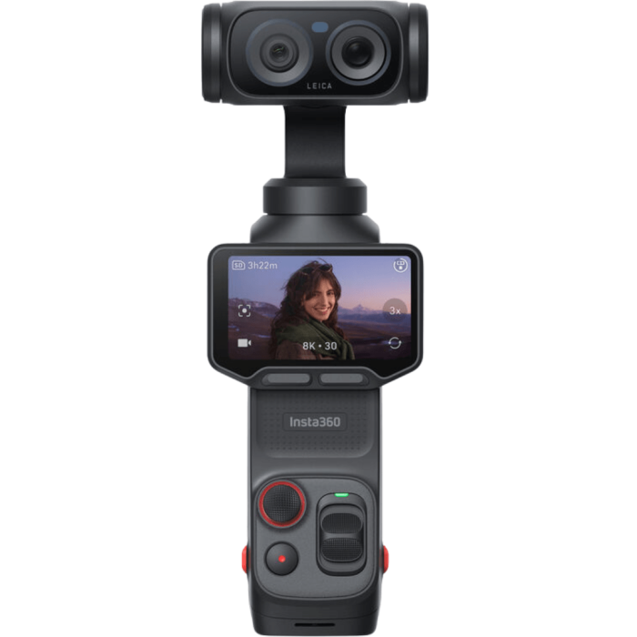 Insta360 Luna Ultra Negro Cósmico vista frontal, cámara gimbal 8K con doble lente Leica Summicron y pantalla OLED desmontable