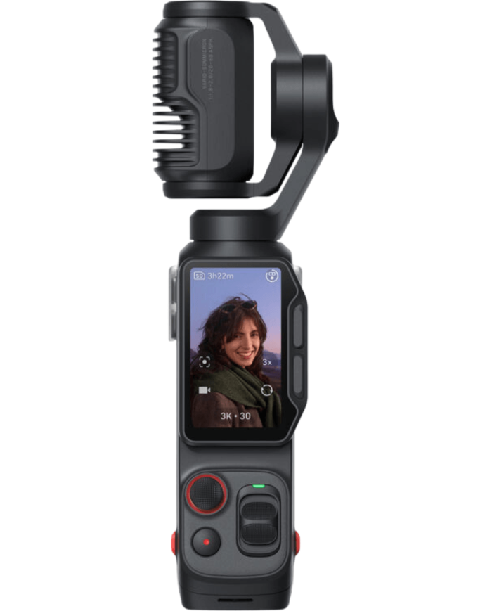 Vista lateral Insta360 Luna Ultra Negro Cósmico con gimbal de 3 ejes y cuerpo compacto de 232 g