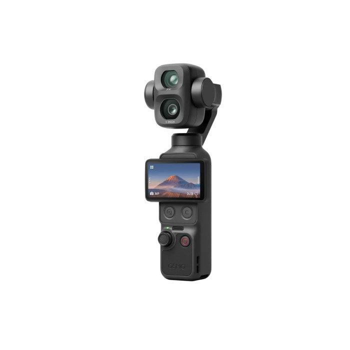 DJI Osmo Pocket 4P en Negro, vista frontal, cámara gimbal con sensor 1" y teleobjetivo 60mm f/1.8
