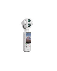 Vista lateral DJI Osmo Pocket 4P Pearl White con gimbal mecánico 3 ejes y pantalla OLED giratoria de 2 pulgadas