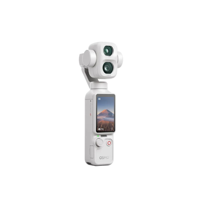 Vista lateral DJI Osmo Pocket 4P Pearl White con gimbal mecánico 3 ejes y pantalla OLED giratoria de 2 pulgadas