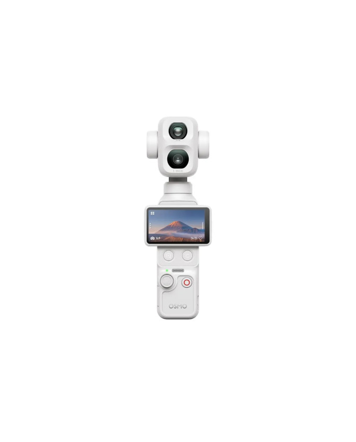 DJI Osmo Pocket 4P en Pearl White, vista frontal, cámara gimbal con sensor 1" y teleobjetivo 60mm f/1.8