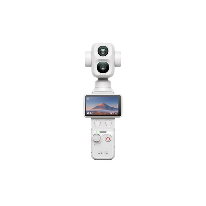 DJI Osmo Pocket 4P en Pearl White, vista frontal, cámara gimbal con sensor 1" y teleobjetivo 60mm f/1.8