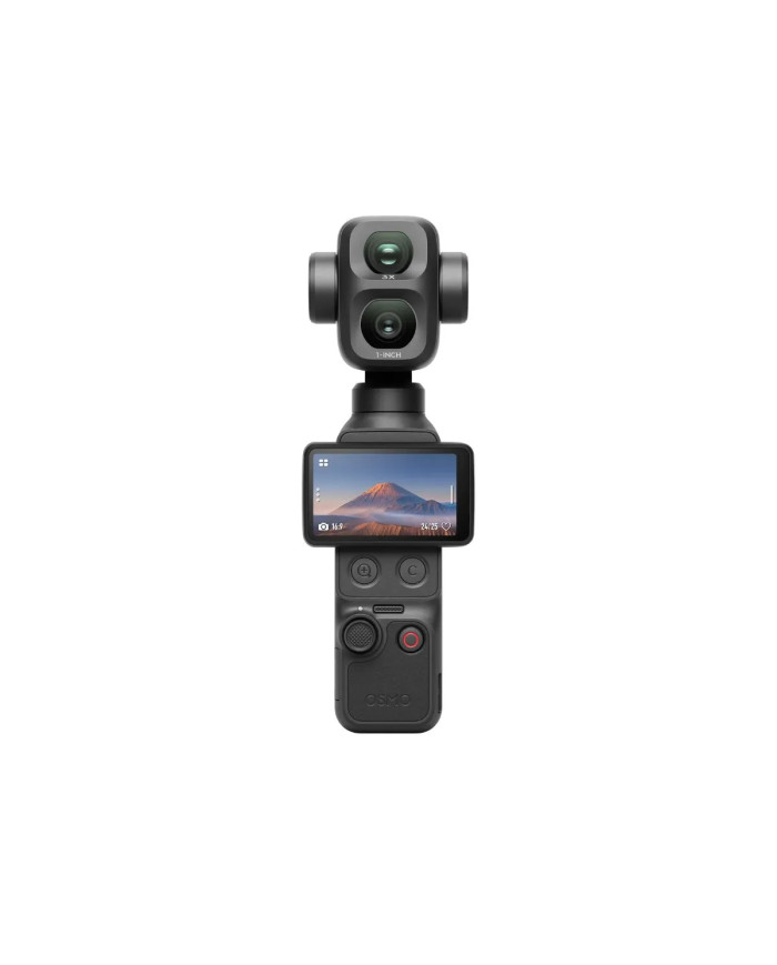 DJI Osmo Pocket 4P en Negro, vista frontal, cámara gimbal con sensor 1" y doble sistema óptico