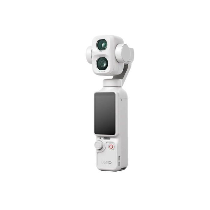 Vista lateral DJI Osmo Pocket 4P Pearl White con gimbal mecánico 3 ejes y pantalla OLED giratoria de 2 pulgadas