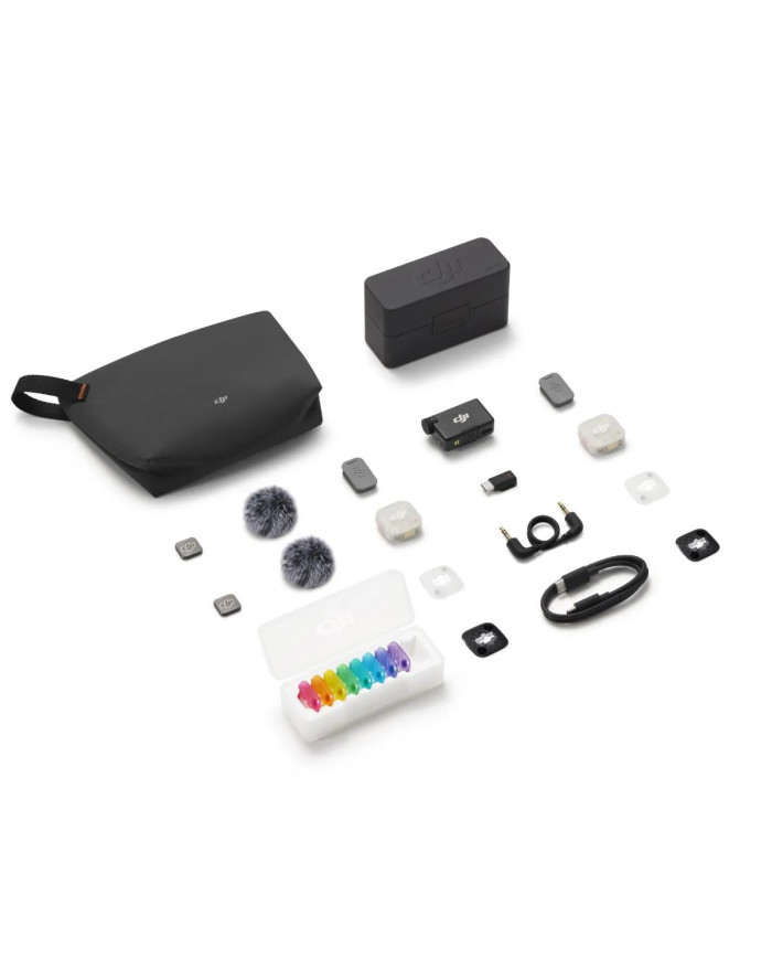 Contenido completo del pack DJI Mic Mini 2S 2TX+1RX con tapas de colores, clips, imanes, protectores y cable TRS 3,5mm