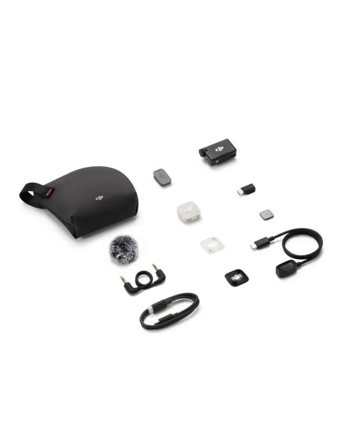 Contenido completo del pack DJI Mic Mini 2S 1TX+1RX con estuche, cables, clips, imanes y protectores antiviento