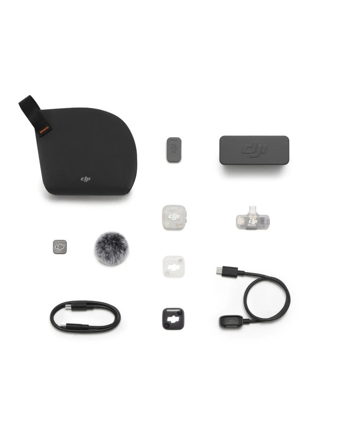 Contenido completo del pack DJI Mic Mini 2S 1TX + 1RX Móvil con estuche, cable, clip, imán y protector antiviento