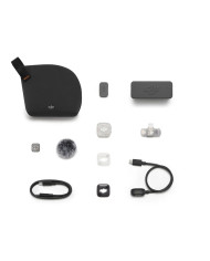 Contenido completo del pack DJI Mic Mini 2S 1TX + 1RX Móvil con estuche, cable, clip, imán y protector antiviento