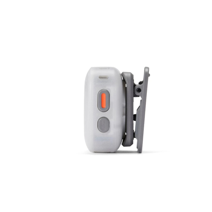 DJI Mic Mini 2S Transmisor y receptor vista lateral con clip magnético y puerto de conexión