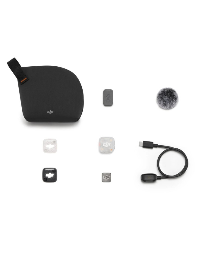 Contenido del pack DJI Mic Mini 2S Transmisor con clip magnético, imán, protector antiviento y tapa frontal
