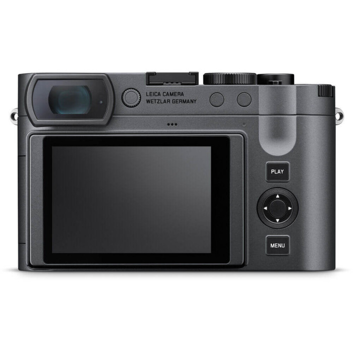 Parte posterior Leica Q3 Metal Grey con pantalla LCD abatible táctil de 3 pulgadas y visor OLED de 5,76 millones de puntos