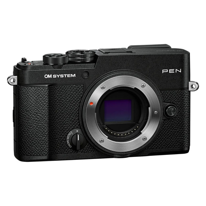 OM SYSTEM PEN cámara mirrorless en negro, vista frontal con visor electrónico integrado