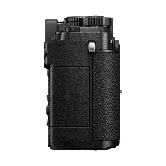 Perfil lateral de la cámara mirrorless OM SYSTEM PEN en negro, cuerpo compacto y ligero