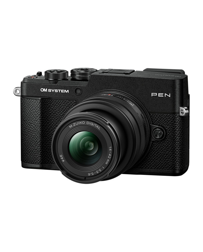 Kit OM SYSTEM PEN negro con objetivo M.Zuiko 14-42mm f/3.5-5.6 III montado, vista frontal