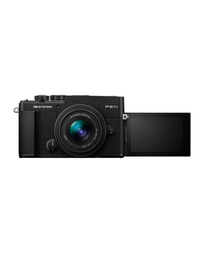 OM SYSTEM PEN negro con pantalla abatida en modo selfie, objetivo 14-42mm III incluido