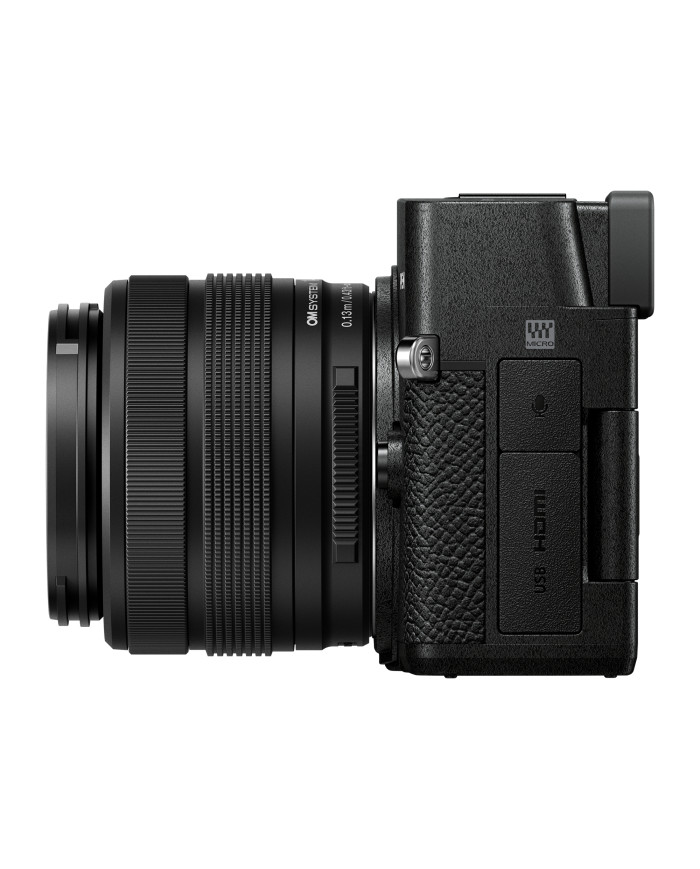 Perfil del kit OM SYSTEM PEN en negro con el objetivo zoom M.Zuiko 14-42mm III acoplado