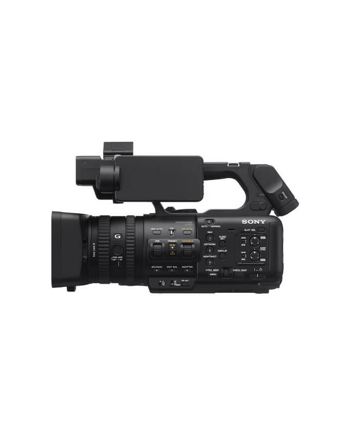 Sony PXW-Z200 camcorder vista lateral con asa y pantalla LCD táctil de 3,5 pulgadas